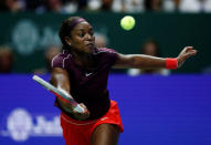 Tennis - WTA Tour Finals - Singapore Indoor Stadium, Kallang, Singapore - October 22, 2018 Sloane Stephens of the U.S. in action during her group stage match against Japan's Naomi Osaka REUTERS/Edgar Su