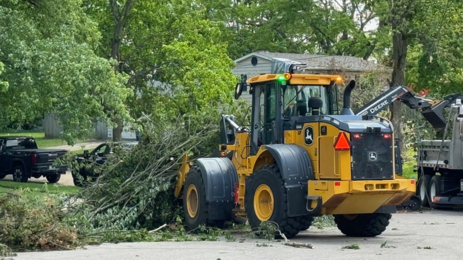 Cleanup continues in a neighborhood near Oakland Drive and Centre avenue after the Portage tornado. (May 13, 2024)