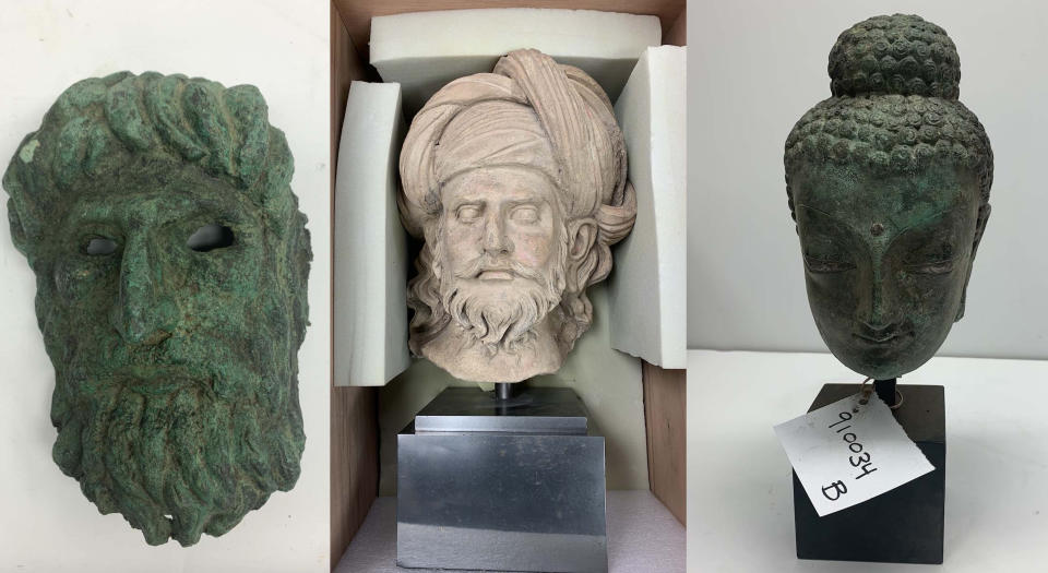 Recovered Afghan artifacts: Mask of Silenus (Greek) - 2nd century AD - valued at $165,000; Head of a Bearded Man (CRATED) - 3rd -4th century AD - valued at $175,000; and, Head of Buddha - 3rd -4th century AD - valued at $167,500. (New York District Attorney's Office[3])