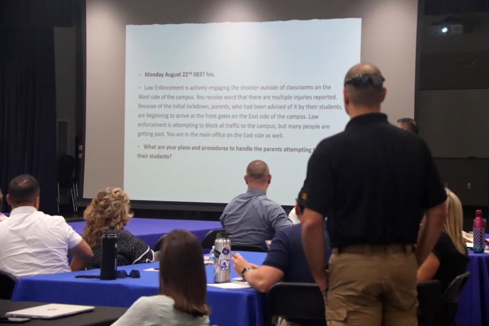 Visalia Unified teachers and administrators reviewed potentially dangerous scenarios and responsibilities with the Visalia Police Department Monday.