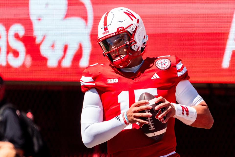 Aug 31, 2024; Lincoln, Nebraska, USA; Nebraska Cornhuskers quarterback Dylan Raiola (15) warms up before a game against the UTEP Miners at Memorial Stadium. Mandatory Credit: Dylan Widger-USA TODAY Sports