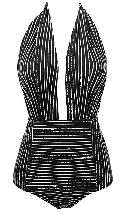 Traje de baño de una pieza Cocoship retro con rayas negras (Foto: Amazon).