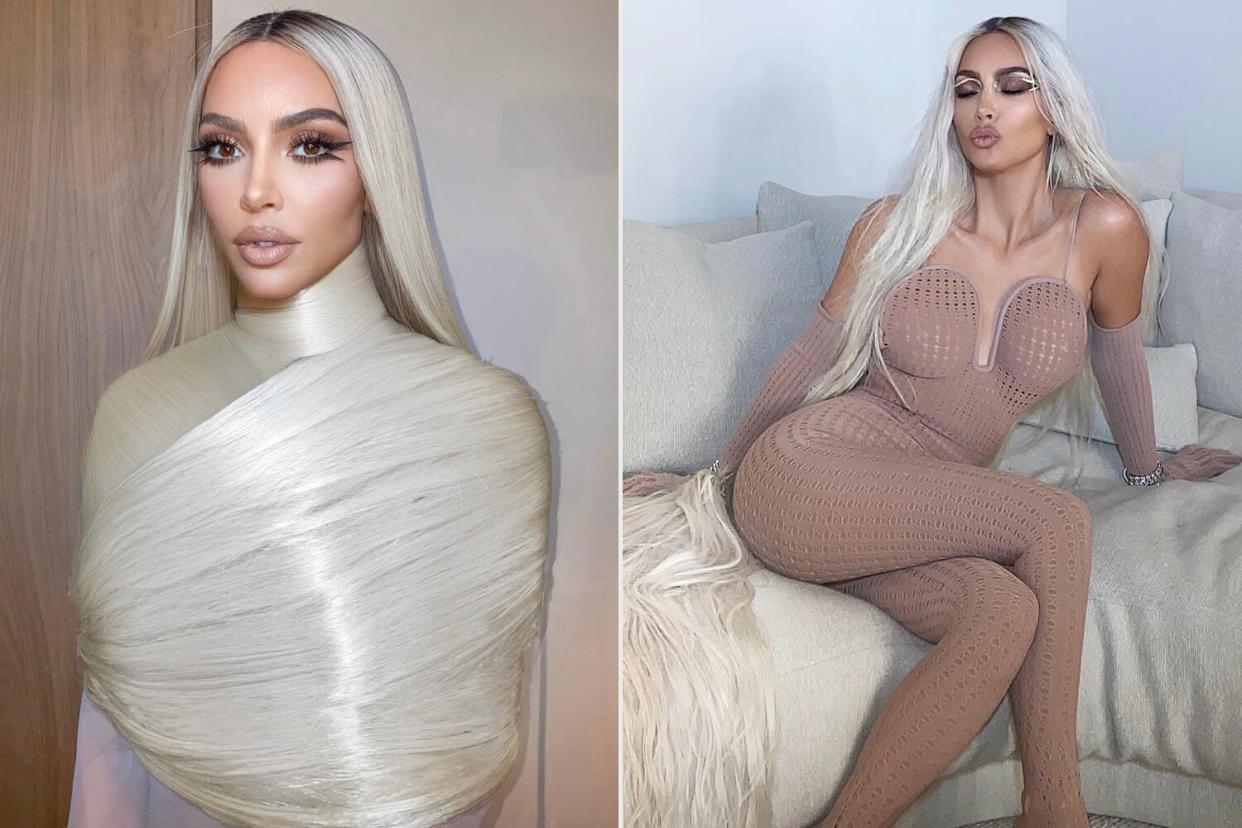 Kim Kardashian Channels Rapunzel as She Wraps Herself in Platinum Blonde Hair. https://www.instagram.com/p/CgGE9frLvvd/.