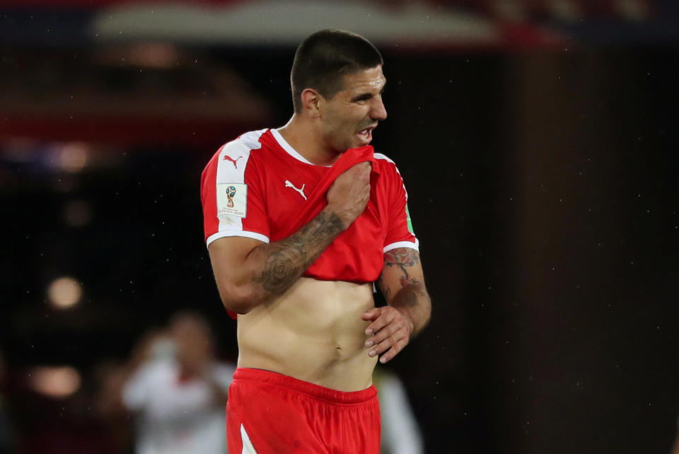 <p>Soccer Football – World Cup – Group E – Serbia vs Switzerland – Kaliningrad Stadium, Kaliningrad, Russia – June 22, 2018 Serbia’s Aleksandar Mitrovic looks dejected REUTERS/Ricardo Moraes </p>