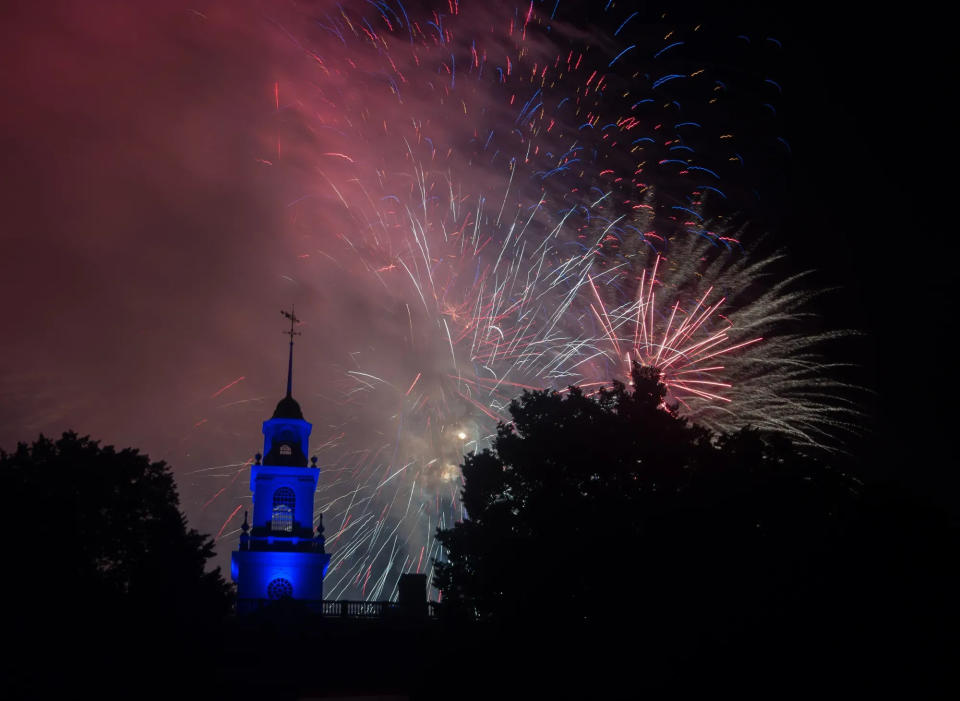 Fireworks soar above Legislative Hall during the annual Dover Fourth of July Celebration.