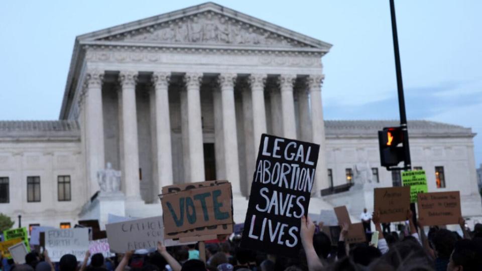 Pro-choice activists protest during a rally in front of the U.S. Supreme Court in response to the leaked Supreme Court draft decision to overturn Roe v. Wade May 3, 2022 in Washington, DC. (Photo by Alex Wong/Getty Images)