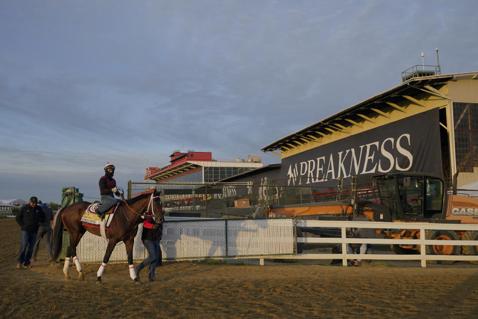 Preakness entrant Keepmeinmind leaves the track after working out during a training session ahead of the Preakness Stakes horse race at Pimlico Race Course, Wednesday, May 12, 2021, in Baltimore. (AP Photo/Julio Cortez)