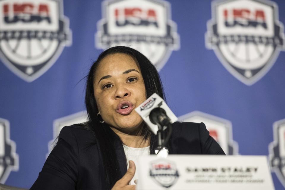 South Carolina women's head basketball coach Dawn Staley addresses the media during a press conference at Williams Brice Stadium, Friday, March 10, 2017, in Columbia, S.C. Staley has been named the women's national team head coach for the 2020 Olympic games in Tokyo. (AP Photo/Sean Rayford)