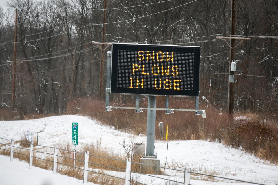 A digital sign along Interstate 80 warns drivers Thursday in Iowa City.