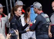 Britain Sailing - America's Cup 2016 - Portsmouth - 24/7/16 Britain's Kate, Duchess of Cambridge presents the trophy to Ben Ainslie of Land Rover BAR after winning the series Reuters / Henry Browne Livepic