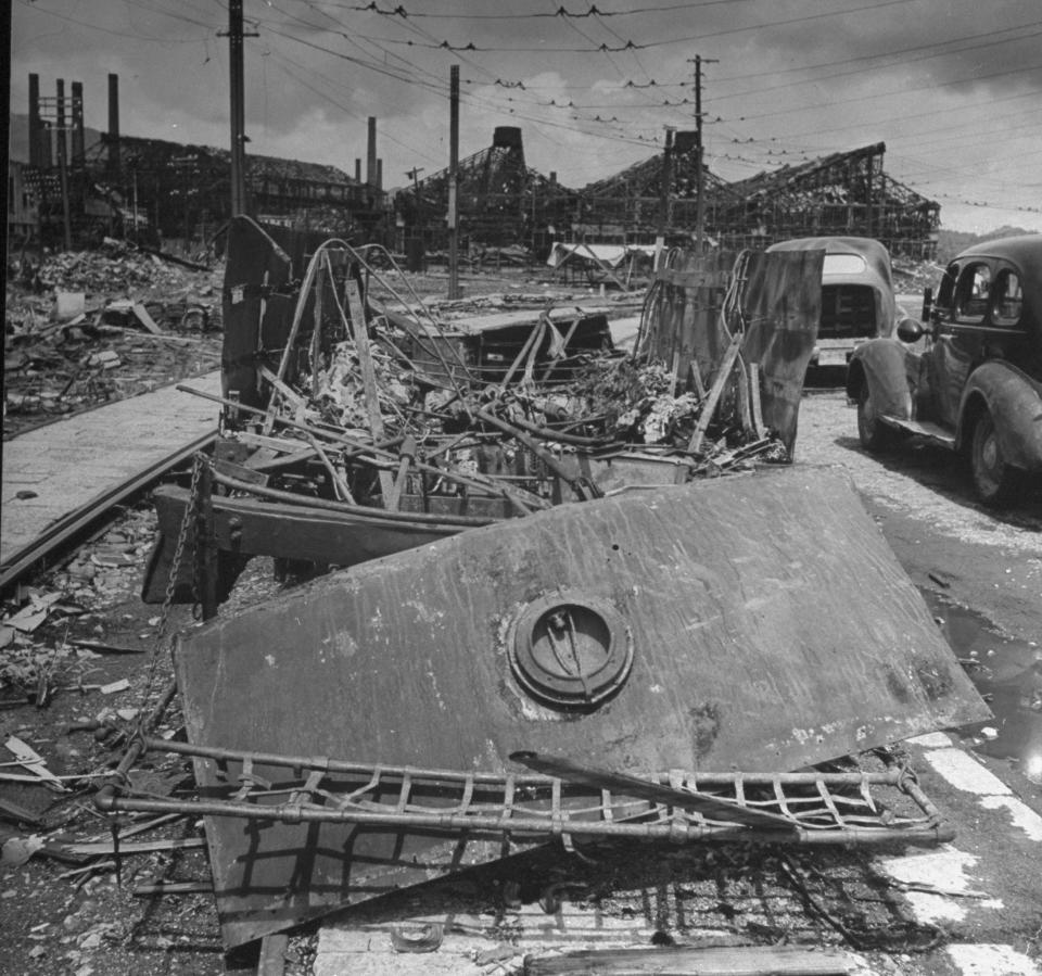 Remains of trolley car in foreground, 2 1/2 miles from where the U.S.dropped an atomic bomb in Nagasaki, 1945 (Photo: Bernard Hoffman/The LIFE Picture Collection/Getty Images)