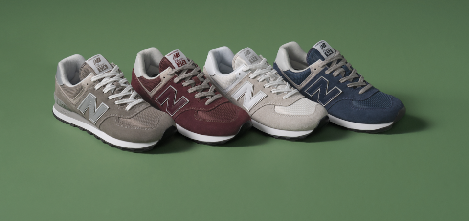 The New Balance 574 sneakers that meet the brand’s eco-conscious Green Leaf Standard. - Credit: Courtesy of New Balance