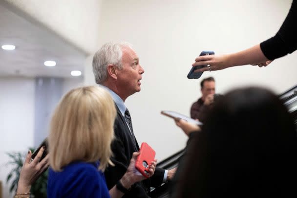 PHOTO: Sen. Ron Johnson speaks to journalists while walking to the Senate Floor during a vote on Capitol Hill in Washington, Sept. 8, 2022. (Tom Brenner/Reuters)