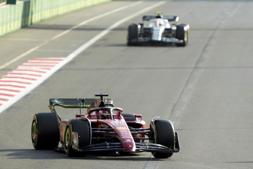 Ferrari driver Charles Leclerc of Monaco steers his car during the second free practice at the Baku circuit, in Baku, Azerbaijan, Friday, June 10, 2022. The Formula One Grand Prix will be held on Sunday. (AP Photo/Sergei Grits)