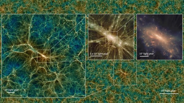  The images show the dark matter halo of the largest galaxy cluster formed in the simulation at different magnifications. 