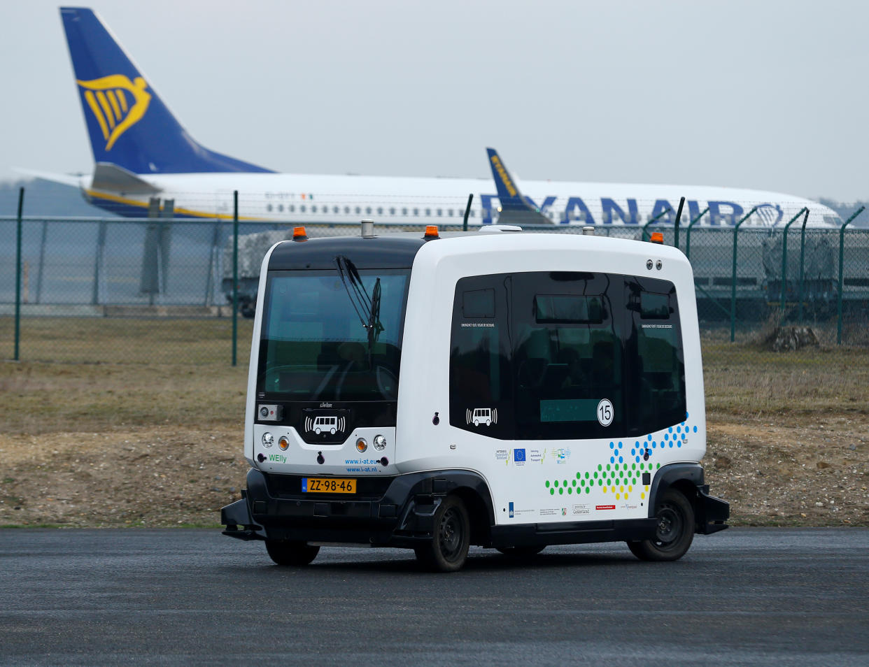 A self-driving shuttle bus is pictured at the German airport Weeze where shuttle buses carry passengers between parking spot, hotel and terminal, in Weeze, Germany, February 21, 2019. REUTERS/Thilo Schmuelgen