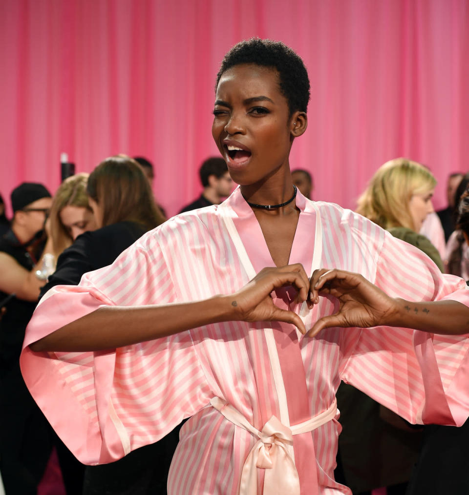 Maria Borges practices her signature Victoria’s Secret heart backstage at the 2015 Victoria’s Secret Fashion Show.