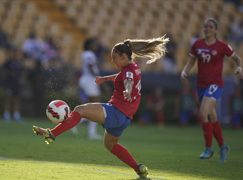 Costa Rica's Priscila Chinchilla controls a ball during a CONCACAF Women's Championship soccer match against Trinidad and Tobago in Monterrey, Mexico, Friday, July 8, 2022. (AP Photo/Fernando Llano)