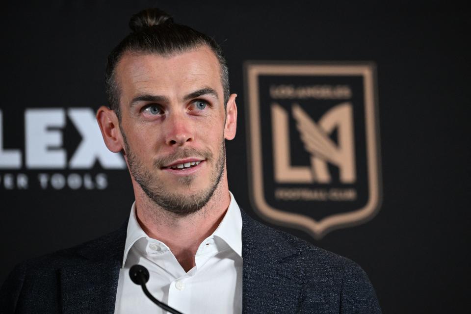 Welsh soccer player Gareth Bale is welcomed to Major League Soccer's Los Angeles Football Club (LAFC) during a press conference at the Banc of California Stadium, in Los Angeles, California, on July 11, 2022. (Photo by Robyn Beck / AFP) (Photo by ROBYN BECK/AFP via Getty Images)
