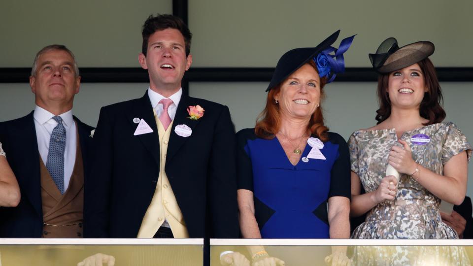 Prince Andrew, Jack Brooksbank, Sarah Ferguson, Duchess of York and Princess Eugenie attend day 4 of Royal Ascot at Ascot Racecourse on June 19, 2015