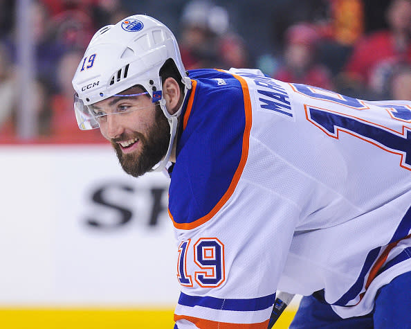 CALGARY, AB - JANUARY 21: Patrick Maroon #19 of the Edmonton Oilers in action against the Calgary Flames during an NHL game at Scotiabank Saddledome on January 21, 2017 in Calgary, Alberta, Canada. (Photo by Derek Leung/Getty Images)