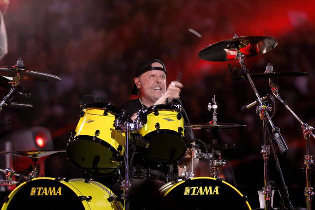 <p>Theo Wargo/Getty</p> Lars Ulrich of Metallica performing in New Jersey in August 2023