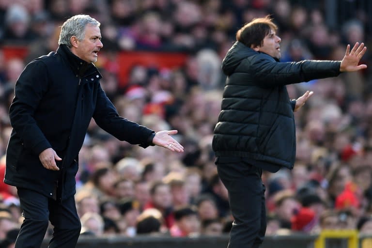 Friendly fire: Mourinho and Conte at Old Trafford on Sunday