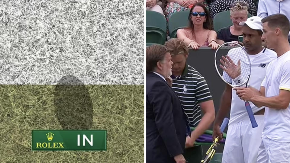 A screenshot of the Hawkeye decision is on the left, and Rajeev Ram and Joe Salisbury arguing woth officials on the right.