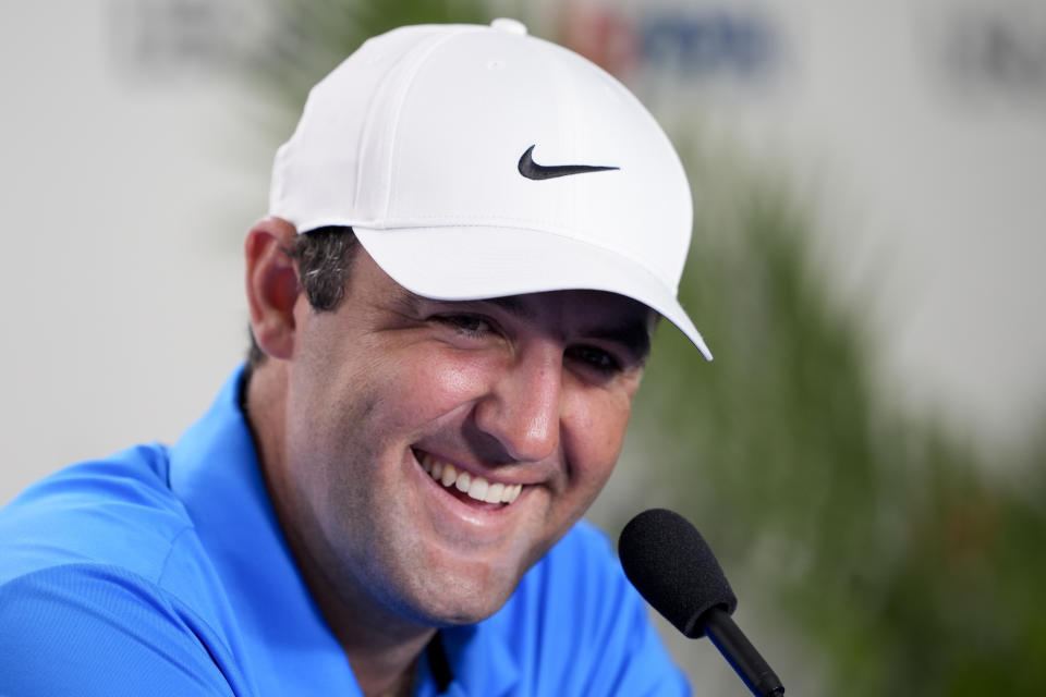 Scottie Scheffler speaks during a news conference at the U.S. Open golf tournament Tuesday, June 11, 2024, in Pinehurst, N.C. (AP Photo/Matt York)