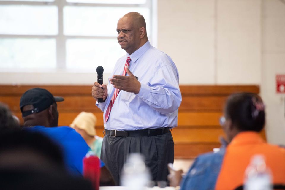 Attorney Paul Robinson speaks during a Black Farmers & Agriculturalists Association meeting in Brownsville, Tenn. on Thursday, Aug. 3, 2023.