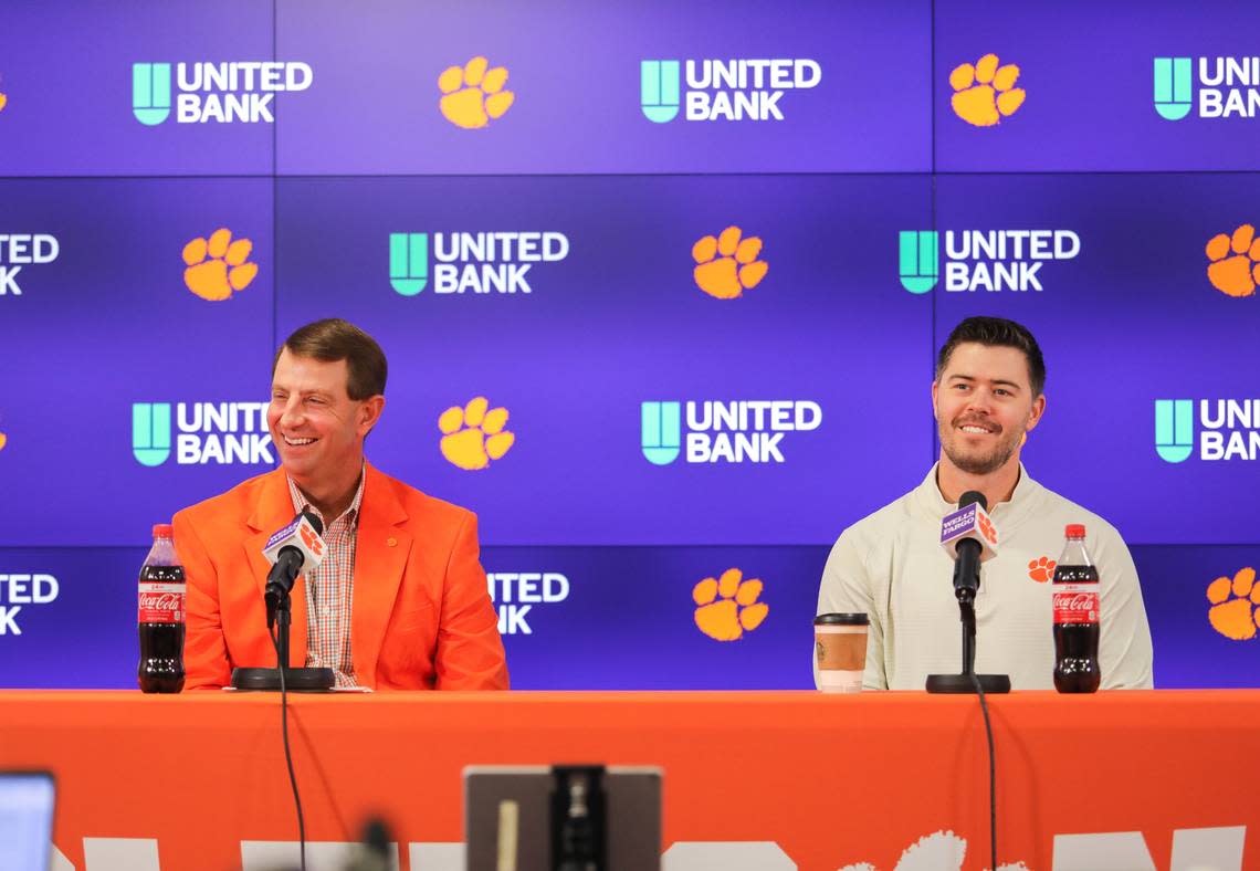 Clemson offensive coordinator Garrett Riley and head coach Dabo Swinney speak to the media February 1st, 2023 in Clemson, South Carolina.