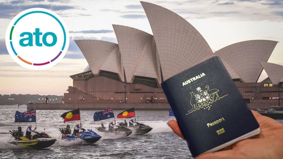 Compilation image of Sydney Harbour Bridge background with hand holding Australian passport and symbol of the Australian Taxation Office