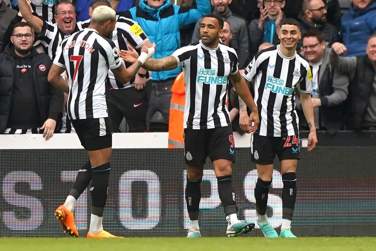 Callum Wilson (centre) celebrates scoring Newcastle’s sixth goal against Tottenham (Owen Humphreys/PA) (PA Wire)