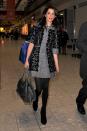 <p>Returning London in a Dolce and Gabbana dress after a trip to Geneva.</p>