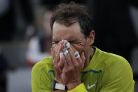 Spain's Rafael Nadal celebrates winning his quarterfinal match against Serbia's Novak Djokovic in four sets, 6-2, 4-6, 6-2, 7-6 (7-4), at the French Open tennis tournament in Roland Garros stadium in Paris, France, Wednesday, June 1, 2022. (AP Photo/Christophe Ena)