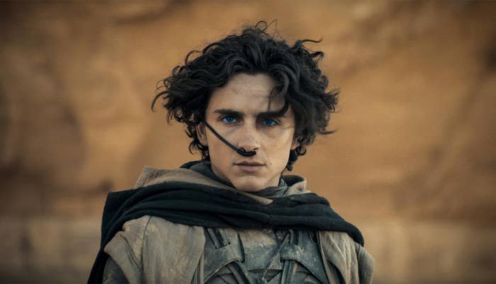 Timothée Chalamet as Paul Atreides in layered attire, intense expression, desert backdrop