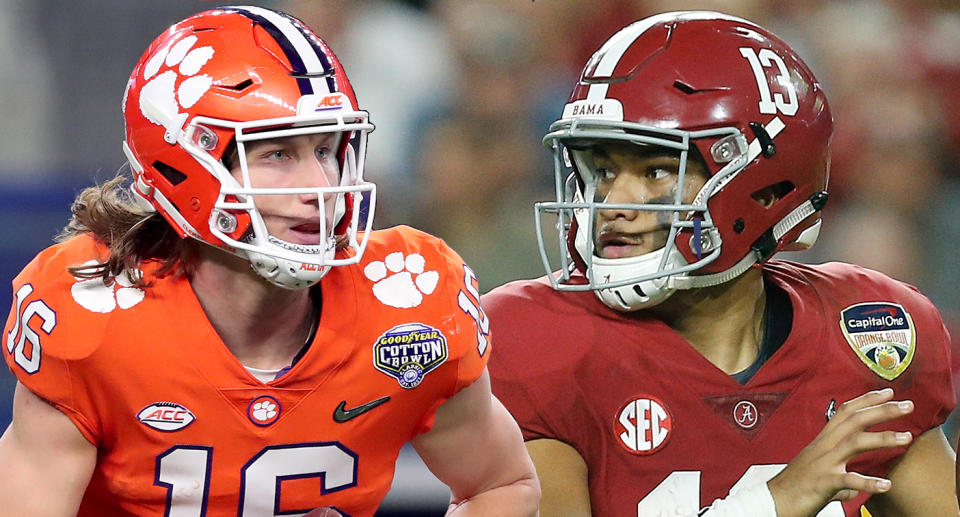 Clemson’s Trevor Lawrence and Alabama’s Tua Tagovailoa face each other for the first time in Monday’s title game. (AP)