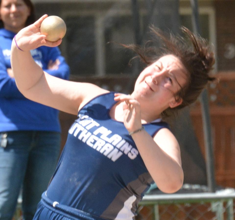 Briana Cordle of Great Plains Lutheran won the girls' shot put during the 2022 Eastern Coteau Conference track and field meet and repeat as the event champion in the conference meet on Tuesday, May 9, 2023 in Webster. GPL also won the girls division for the 13th-straight year.