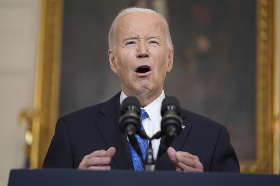 President Joe Biden delivers remarks on a $95 billion Ukraine Israel aid package being debated in Congress, in the State Dining Room of the White House, Tuesday, Feb. 13, 2024, in Washington.