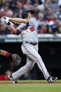 Minnesota Twins' Alex Kirilloff watches his two-run home run against the Cleveland Guardians during the sixth inning of a baseball game Wednesday, June 29, 2022, in Cleveland. (AP Photo/Ron Schwane)