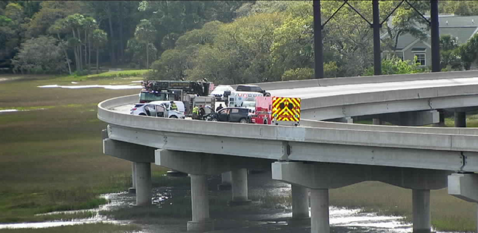 A three-car crash shut down all lanes of the Bluffton Flyover on Wednesday afternoon.