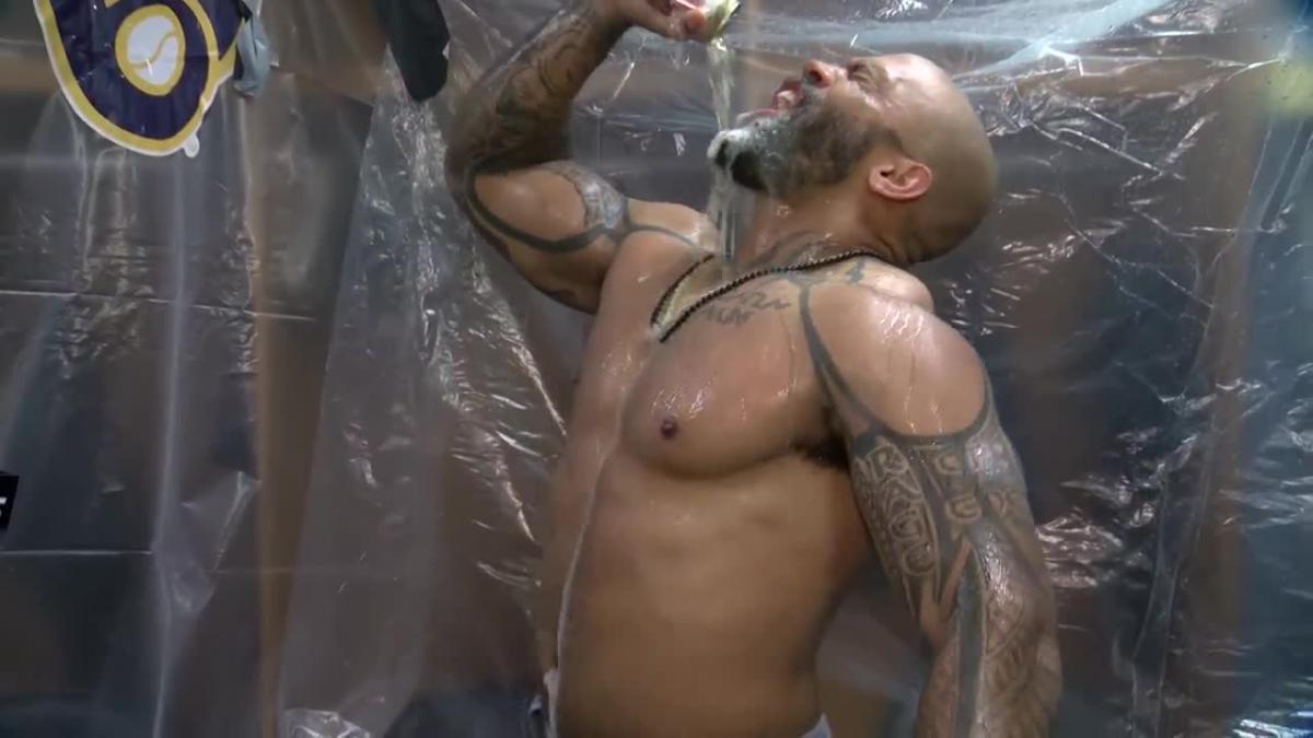 Shirtless Eric Thames douses himself in beer to celebrate Brewers