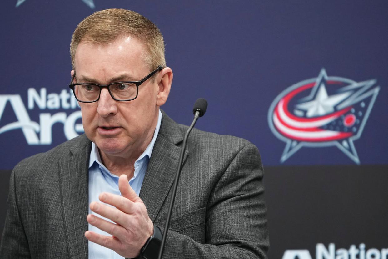 Feb 15, 2024; Columbus, Ohio, USA; Columbus Blue Jackets president and alternate governor Mike Priest speaks during a press conference after the firing of general manager Jarmo Kekalainen at Nationwide Arena.