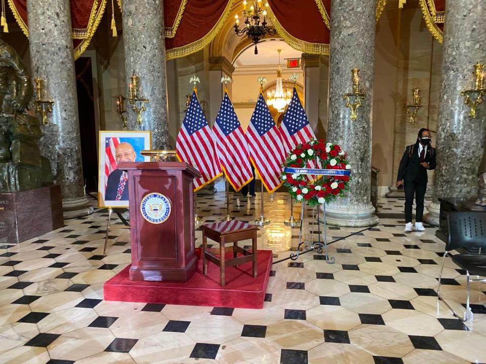 A portrait of former Rep. Alcee Hastings stands in the U.S. Capitol after a ceremony honoring the Florida congressman’s life on April 21, 2021.