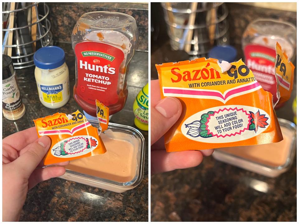 Adding Goya Sazón to mayoketchup mixture