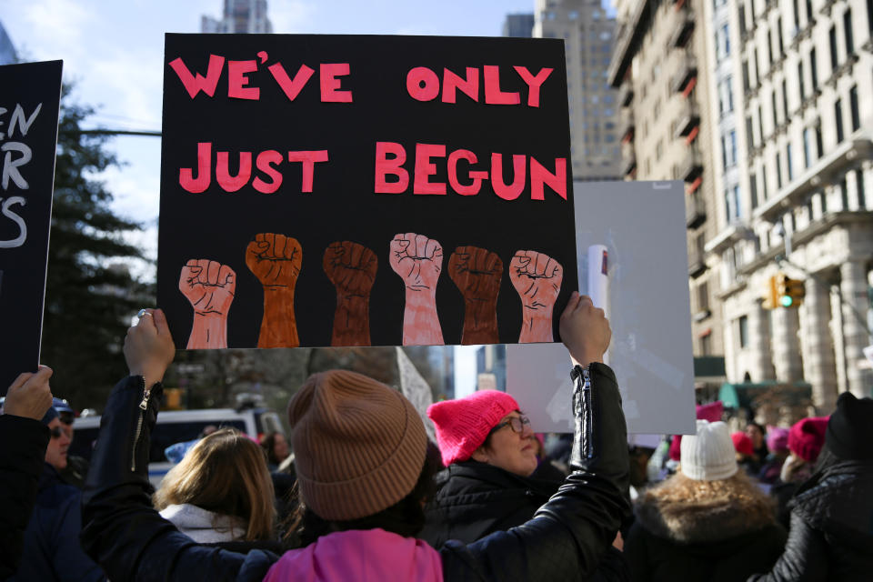 <p>Demonstrators take part in the Women’s March in Manhattan in New York City, Jan. 20, 2018. (Photo: Caitlin Ochs /Reuters) </p>