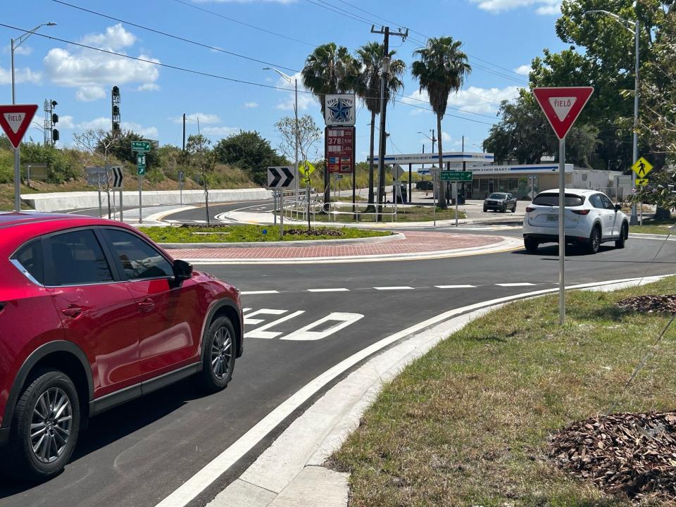 Looking east where Main Street joins the 5 Points roundabout north of Lake Beulah in Lakeland.