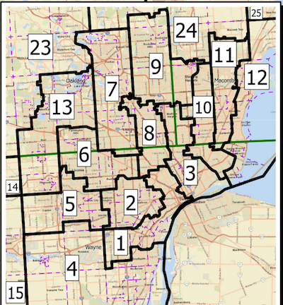 A taupe map is blocked with black lines and boxes numbered 1 to 24.