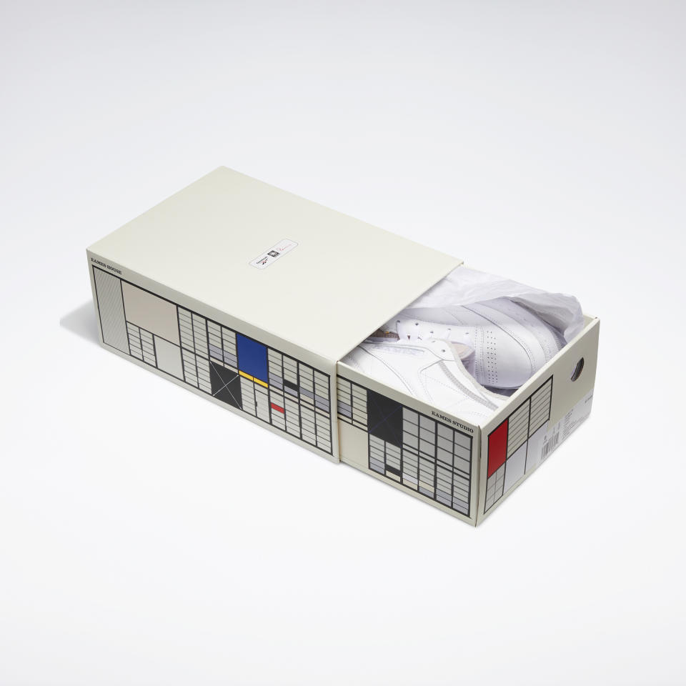 Reebok x Eames’ White Club C sneakers in an Eames House-inspired box. - Credit: Mark Naradowski / GSP-PHOTO-1