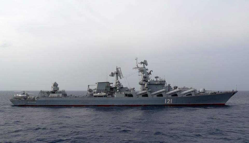 (FILES) In this file photo taken on December 17, 2015 the Russian missile cruiser Moskva patrols in the Mediterranean Sea, off the coast of Syria, on December 17, 2015. Russia's Black Sea flagship involved in the naval assault on Ukraine has been 